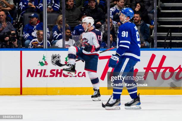 Justin Danforth of the Columbus Blue Jackets celebrates his goal against the Toronto Maple Leafs during the second period at the Scotiabank Arena on...