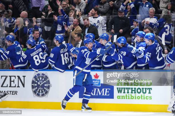 Auston Matthews of the Toronto Maple Leafs celebrates a goal against the Columbus Blue Jackets during the third period at Scotiabank Arena on...