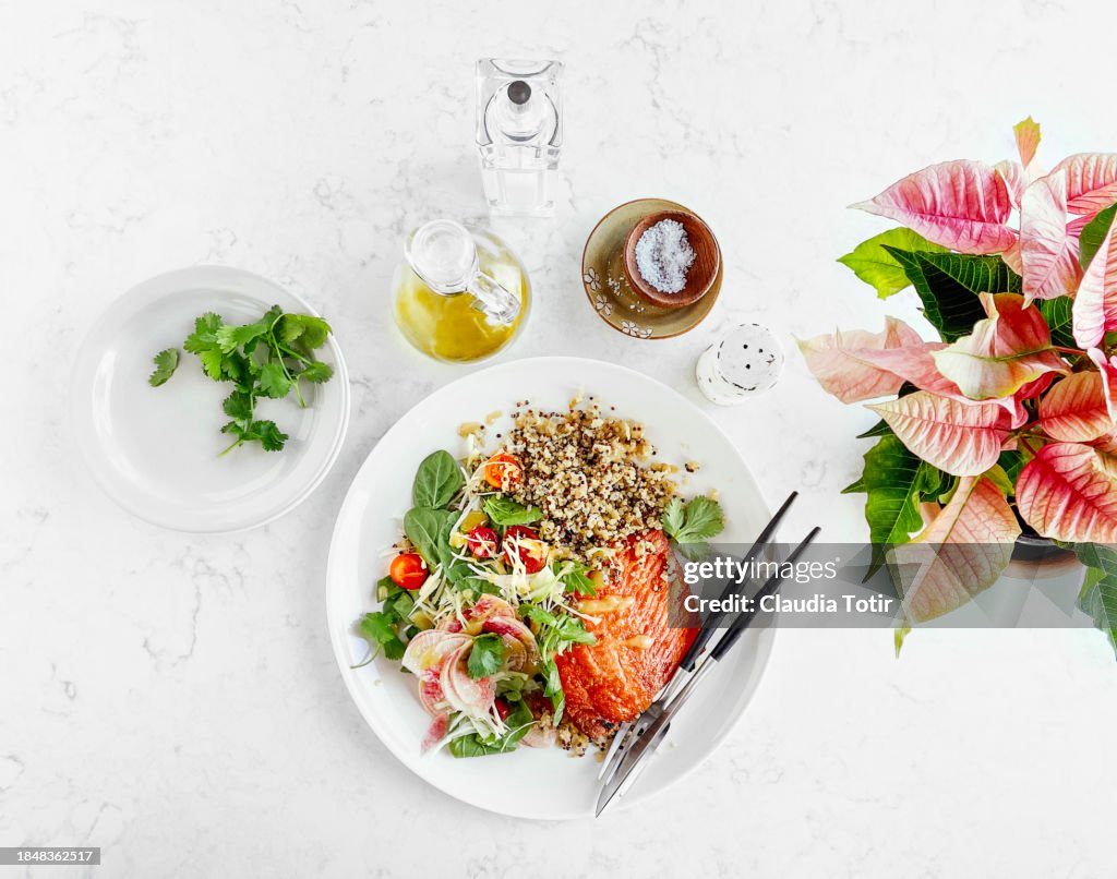 Plate of roasted salmon with quinoa and fresh salad on white background