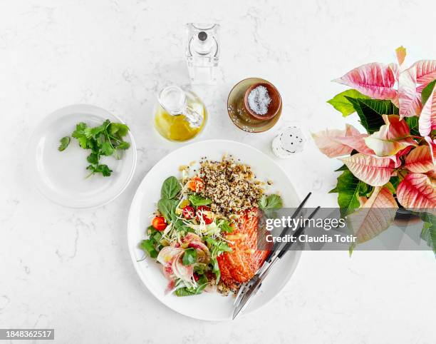 plate of roasted salmon with quinoa and fresh salad on white background - quinoa photos et images de collection