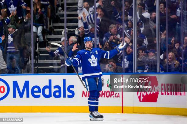 Auston Matthews of the Toronto Maple Leafs celebrates his second goal of the game against the Columbus Blue Jackets during the third period at the...