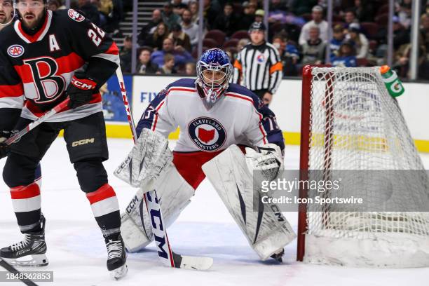 Cleveland Monsters goalie Jet Greaves in goal during the first period of the American Hockey League game between the Belleville Senators and...