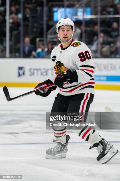 Tyler Johnson of the Chicago Blackhawks skates during the second period of a game against the Chicago Blackhawks at Climate Pledge Arena on December...