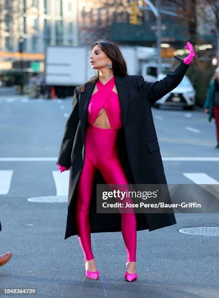 Emily Ratajkowski is seen filming for 'Maybelline' commercial on December 14, 2023 in New York City.