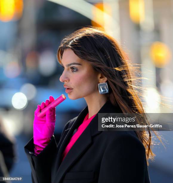 Emily Ratajkowski is seen filming for 'Maybelline' commercial on December 14, 2023 in New York City.