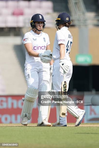 Nat Sciver-Brunt of England celebrates after scoring a fifty during day 2 of the Test match between India Women and England Women at DY Patil Stadium...