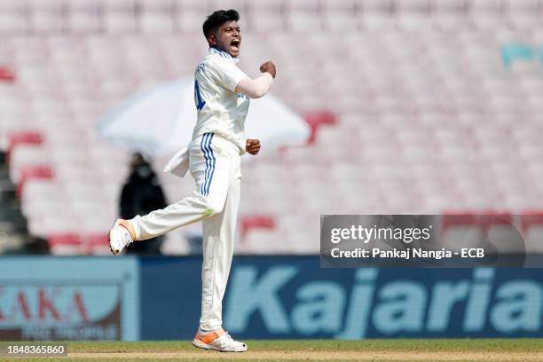 Pooja Vastrakar of India celebrates the wicket of Danielle Wyatt of England which was later overturned by DRS during day 2 of the Test match between...