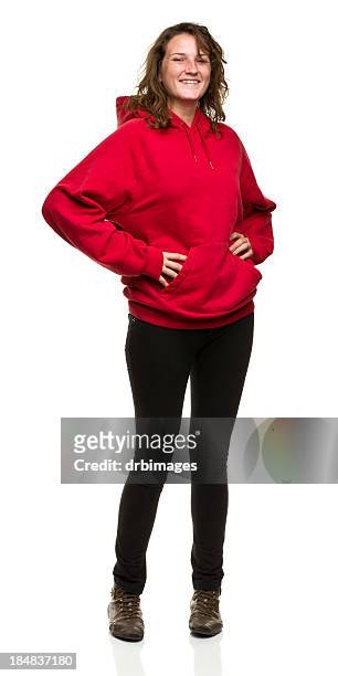 cheerful young woman standing portrait - hood clothing stock pictures, royalty-free photos & images