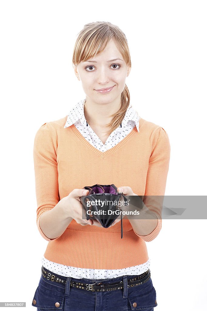 Sad young woman showing empty wallet