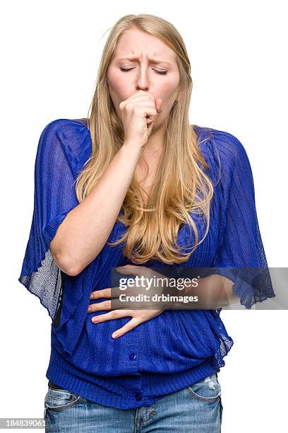 young woman coughing holding stomach - coughing stock pictures, royalty-free photos & images