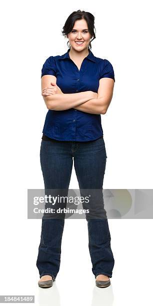 cheerful young woman standing with arms crossed - navy shirt stock pictures, royalty-free photos & images