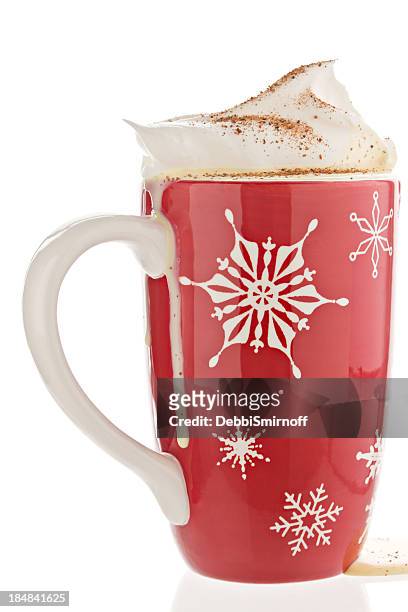 eggnog in a red christmas mug. - eggnog stock pictures, royalty-free photos & images