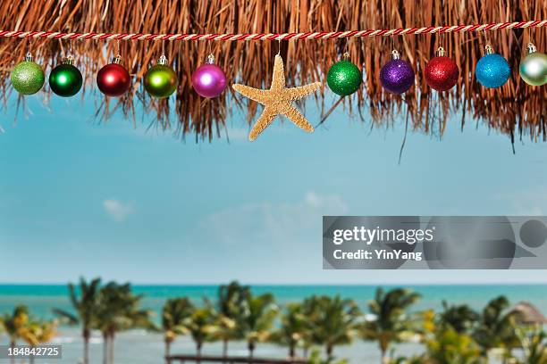 christmas beach vacation with holiday decorations by tropical caribbean sea - mexico skyline stock pictures, royalty-free photos & images