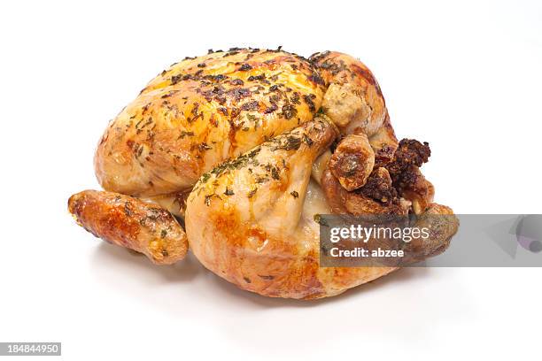 roasted chicken on white background - roasted chicken stock pictures, royalty-free photos & images