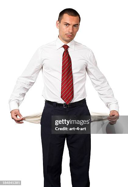 empresário mostrando os bolsos vazios - bolso imagens e fotografias de stock