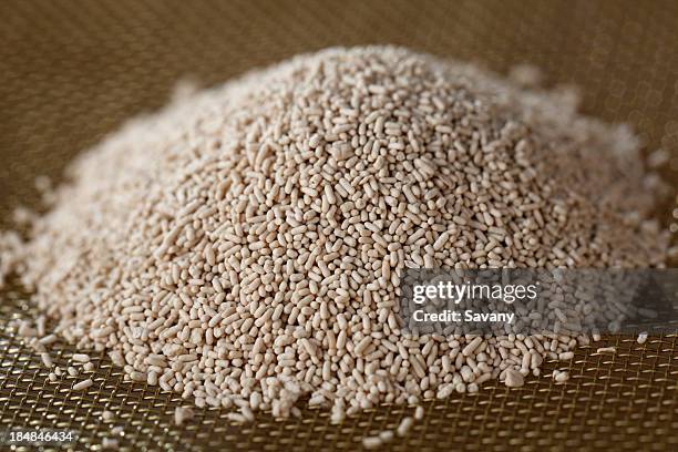 pile of yeast powder on stainless steel mesh surface - yeast stock pictures, royalty-free photos & images