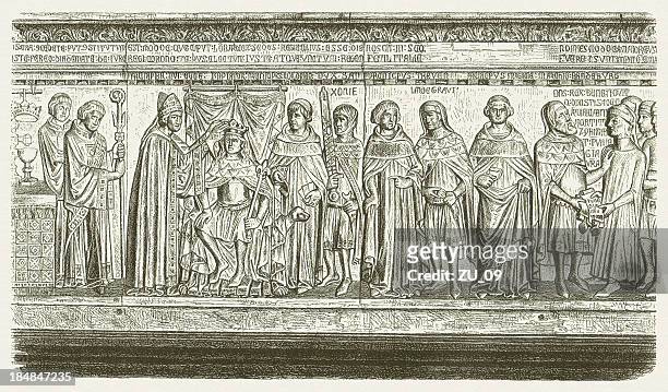 stockillustraties, clipart, cartoons en iconen met coronation of a german emperor, monza, early 13th century - middeleeuwse muziek en renaissancemuziek