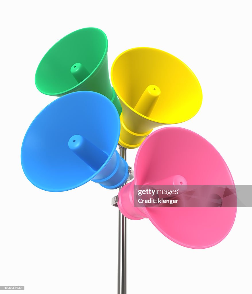 Isolated multicolored outdoor megaphone speakers
