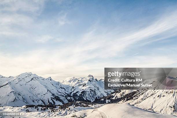 view of mountains and ski slope, warth, vorarlberg, austria - vorarlberg imagens e fotografias de stock