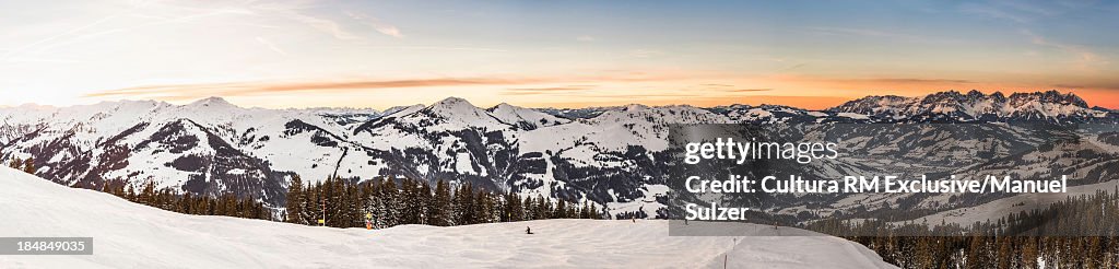 Panoramic view of mountains and ski run Kitzbuhel, Tyrol, Austria