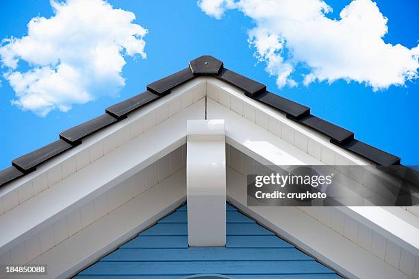 detail eines hauses dach im sommer - house roof materials stock-fotos und bilder