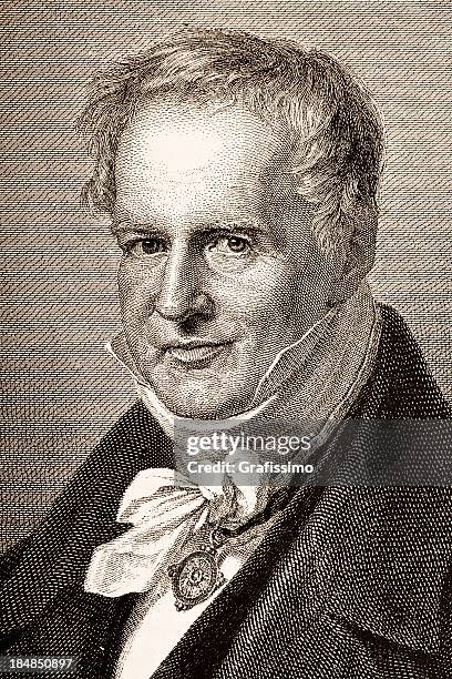 engraving of german explorer alexander von humboldt 1882 - alexander von humboldt stock illustrations