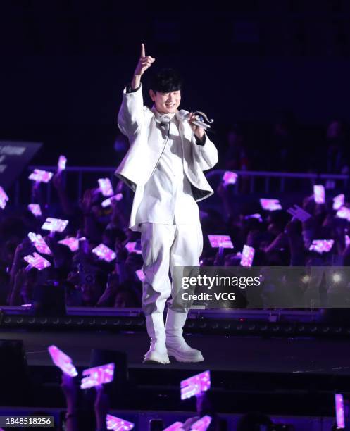 Singer JJ Lin performs on the stage during his concert on December 9, 2023 in Nanning, Guangxi Zhuang Autonomous Region of China.