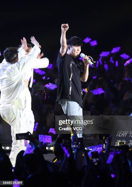 Singer JJ Lin performs on the stage during his concert on December 9, 2023 in Nanning, Guangxi Zhuang Autonomous Region of China.