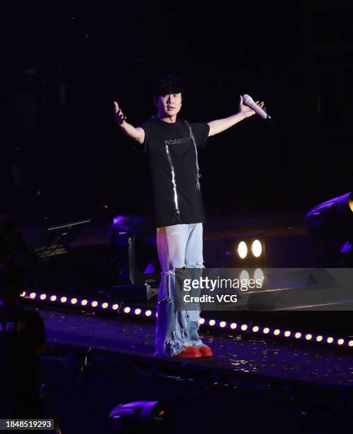 Singer JJ Lin performs on the stage during his concert on December 9, 2023 in Nanning, Guangxi Zhuang Autonomous Region of China.