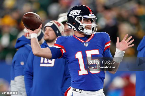 Tommy DeVito of the New York Giants warms up prior to the game against the Green Bay Packers at MetLife Stadium on December 11, 2023 in East...
