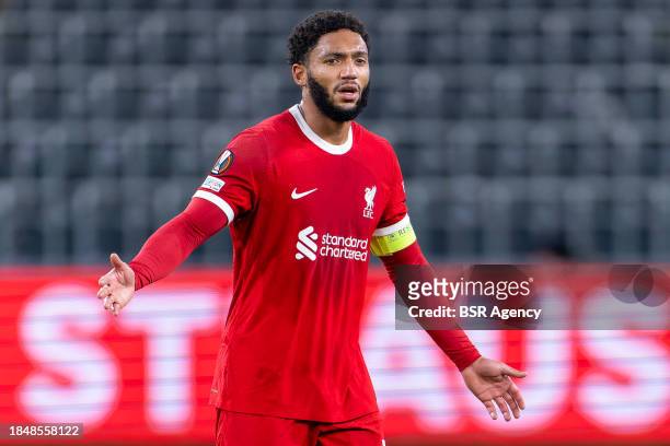Joe Gomez of Liverpool reacts during the UEFA Europa League 2023/24 match between R. Union Saint-Gilloise and Liverpool FC at RSC Anderlecht Stadium...