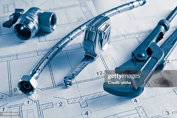 construction drawings and plumbings - machine-schematic stock pictures, royalty-free photos & images