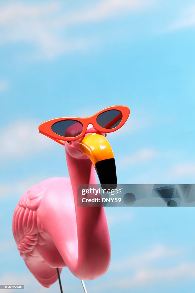 Pink flamingo wearing sunglasses against blue sky