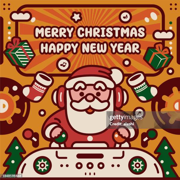 adorable santa claus wearing a headset is piloting an unlimited power spaceship traveling around the world to wish you a merry christmas and a happy new year - christmas music stock illustrations
