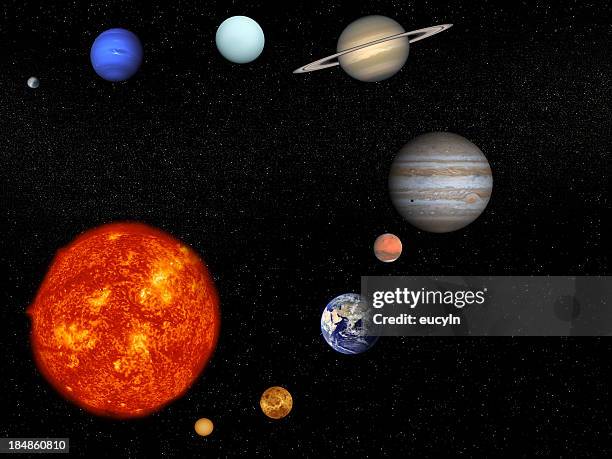 the sun and planets on a black background - zonnestelsel stockfoto's en -beelden