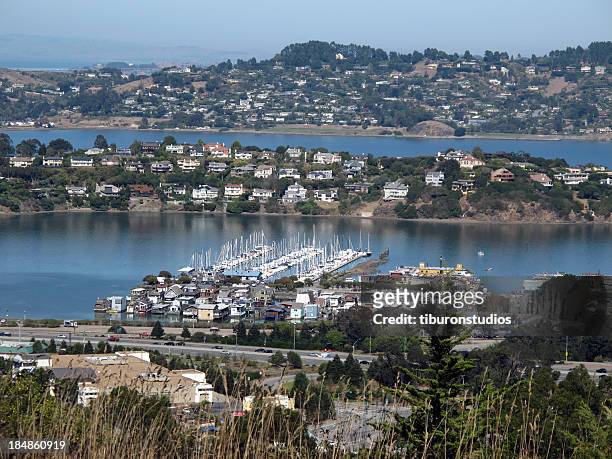 view of tiburon and belvedere from sausalito - sausalito stock pictures, royalty-free photos & images