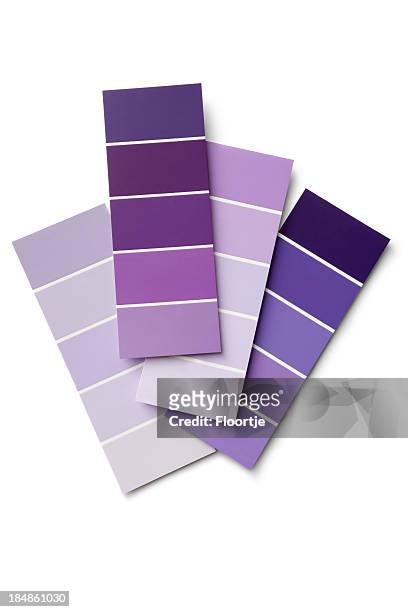 paint: purple colour samples isolated on white background - paint strip stock pictures, royalty-free photos & images