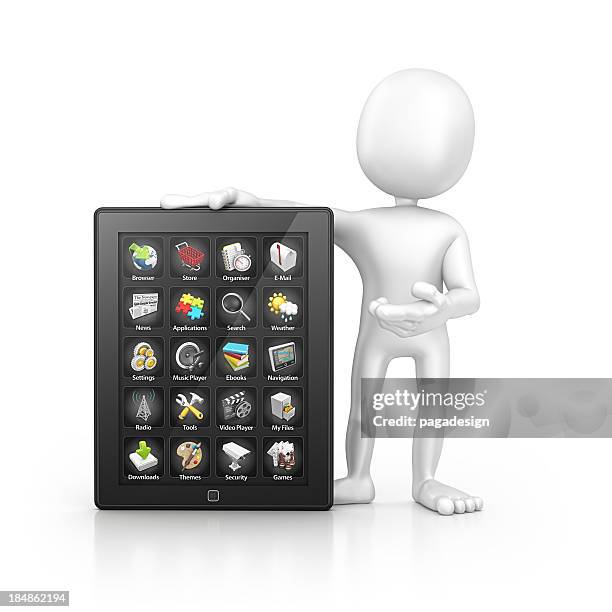 charakter und tablet - guy in front of computer cartoon stock-fotos und bilder