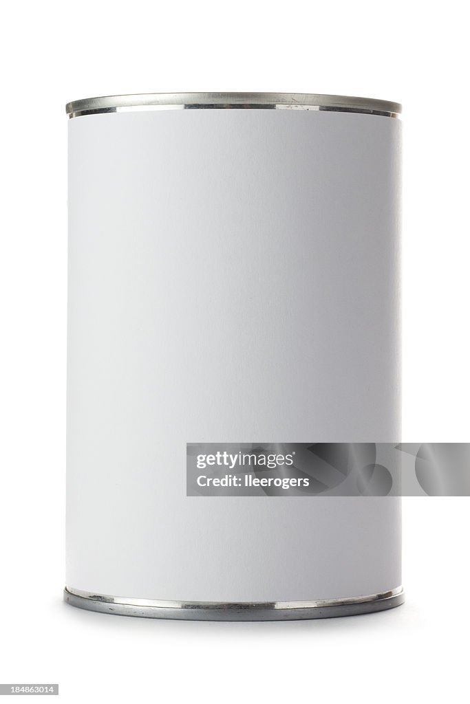 Latta vuoto con un'etichetta su sfondo bianco