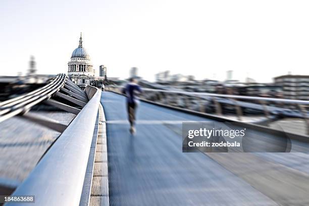 running on london millennium bridge - river thames shape stock pictures, royalty-free photos & images