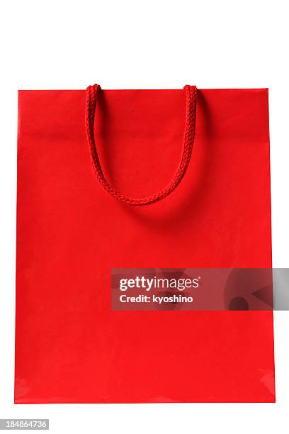 isolated shot of blank red shopping bag on white background - red gift bag stock pictures, royalty-free photos & images