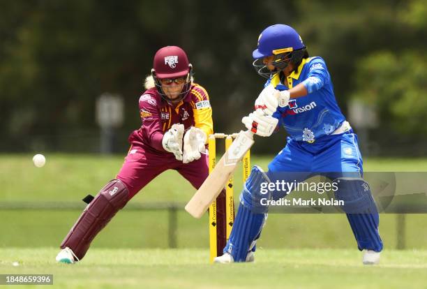 Jannatul Sumona of the ACT bats during the WNCL match between ACT and Queensland at EPC Solar Park, on December 12 in Canberra, Australia.