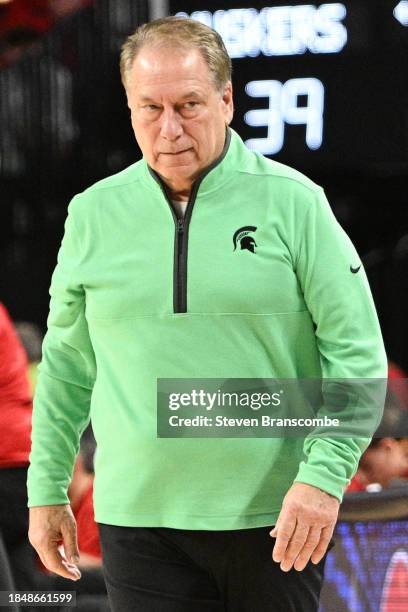 Head coach Tom Izzo of the Michigan State Spartans looks down the bench against the Nebraska Cornhuskers in the second half at Pinnacle Bank Arena on...