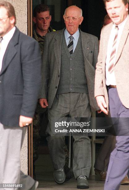 Former apartheid-era State President P.W. Botha leaves the Magistrate's Court in George 03 June, on the third day of the resumption of his trial for...