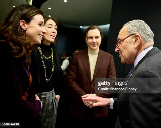 Writers and Executive Producers Lauren Schuker Blum and Rebecca Angelo, actor Paul Dano, and United States Senator Chuck Schumer attend a special...