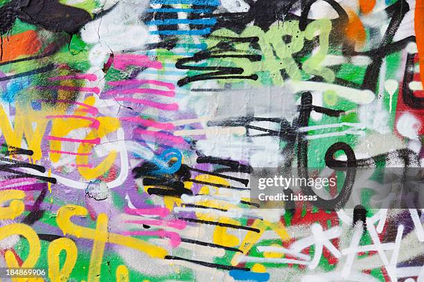 detail of graffiti painted illegally on public wall. - wall stock pictures, royalty-free photos & images