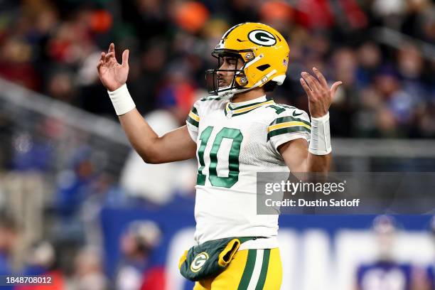 Jordan Love of the Green Bay Packers calls a play against the New York Giants during the second quarter in the game at MetLife Stadium on December...