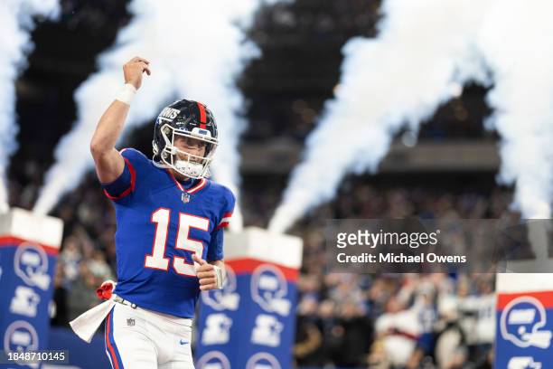 Tommy DeVito of the New York Giants reacts as he takes the field prior to an NFL football game between the New York Giants and the Green Bay Packers...