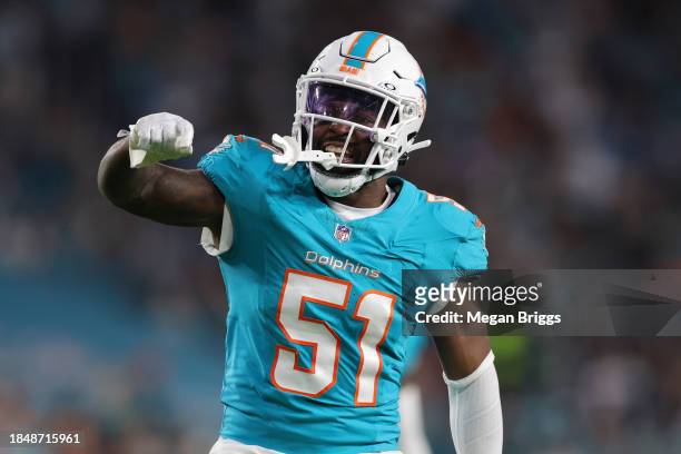 David Long Jr. #51 of the Miami Dolphins celebrates in the first half against the Tennessee Titans at Hard Rock Stadium on December 11, 2023 in Miami...