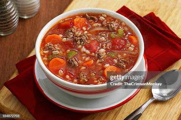 beef and barley soup - soup vegtables stockfoto's en -beelden